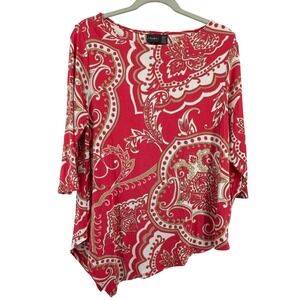 Chico's Travelers Asymmetrical Tunic Women 2P L Pink Paisley 3/4 Sleeve Boho